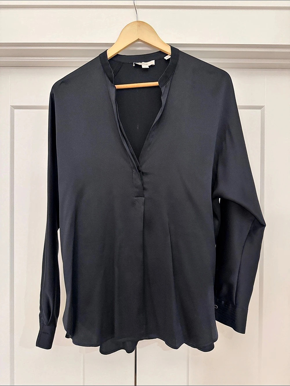 Vince Silk Satin Band-Collar Blouse Black Size Small